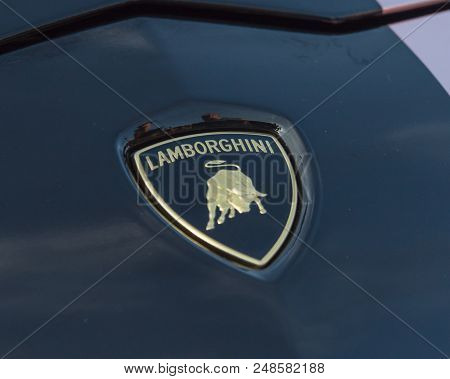 Close-up Lamborghini Logo On 2018 Rose Gold Chrome Aventador