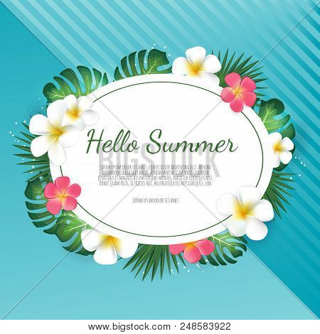 Summer Sale Background With Tropical Palm Leaves And Plumeria Flower. Poster For Print, Party Invita