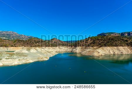 Reservoir Pantano De Siurana, Tarragona, Spain. Copy Space For Text.