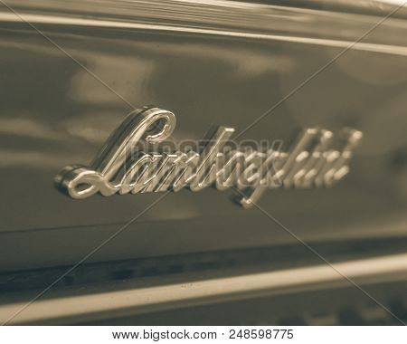 Vintage Tone Lamborghini Text Logo On Rear Of Aventador Supercar