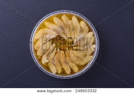 Sliced Herring In Oil Sauce Close Up, Top View