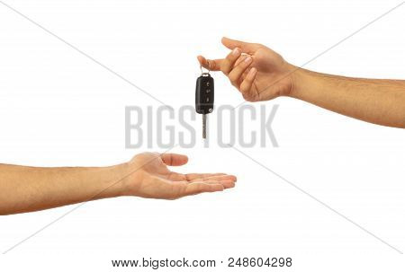 Handing Over The Car Key. Hands Isolated On White Background, Clipping Path