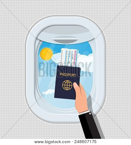 Window From Inside The Airplane. Hand With Passport And Ticket. Aircraft Porthole Shutter. Aircraft 