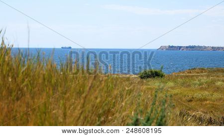 Sea Coast, Cargo Ship On Horrizon, Orange Grass, View From The Island