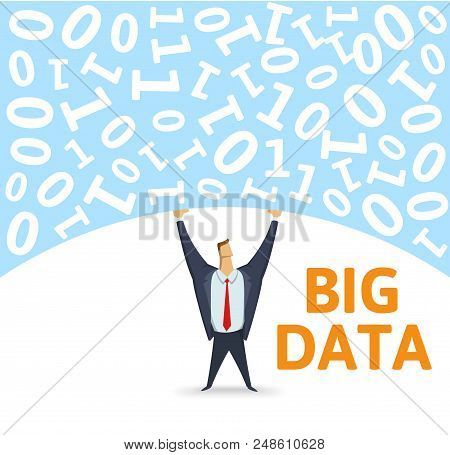Digital Environment. Strong Man Holding Bulk Of Big Digital Data Above His Head On White Background.