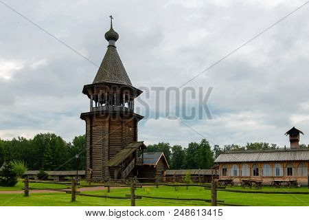 Russia, Saint Petersburg - August 18, 2017: Belfry In The Estate Bogoslovka. A Copy Of The Bell Towe