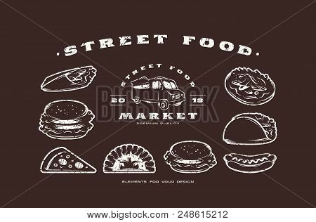 Stock Vector Set Of Fast Food Icons And Elements. Design In Thin Line Style With Rough Texture. Whit