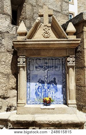 View Of A Street Chapel Decorated With Traditional Portuguese Tiles In Caria, Castelo Branco, Portug
