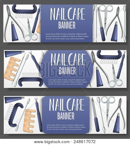Set Of 3 Brochure With Realistic Manicure Objects. Salon, Shop Advertisement Concept. Template For F
