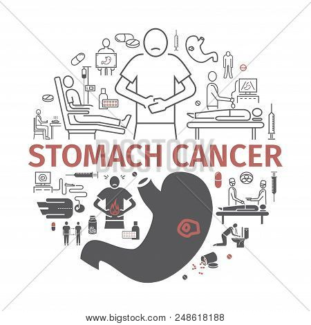 Stomach Cancer Line Icons. Symptoms And Diagnosis. Medical Infographics. Medical Vector Infographics