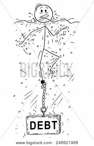 Cartoon Stick Drawing Conceptual Illustration Of Man Or Businessman Drowning With Block Of Stone Or 