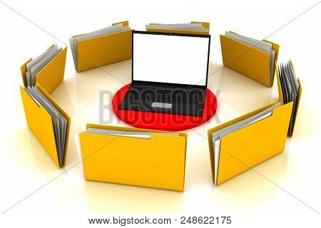Computer Connected To Data Folders. 3d Image Renderer