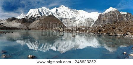 View Of Cho Oyu Mirroring In Lake - Cho Oyu Base Camp - Everest Trek - Nepal Himalayas Mountains