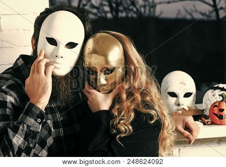 Couples In Love. Woman And Hipster In Mask At Window. Girl With Long Blond Hair And Man With Beard H