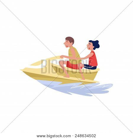 Young Man And Woman Riding On Water Jetski, Extreme Water Sport Cartoon Vector Illustration Isolated