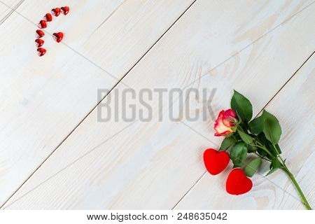 Layout Copy Space For Text Wooden Background With Flowers, Heart, Ribbon, Flay Lay