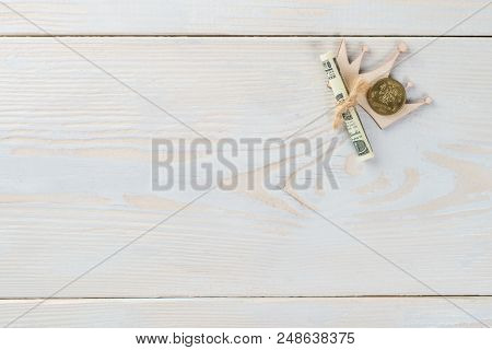 Wooden Background With Money And Crown, Mockup For Copy Space Text, Flay Lay