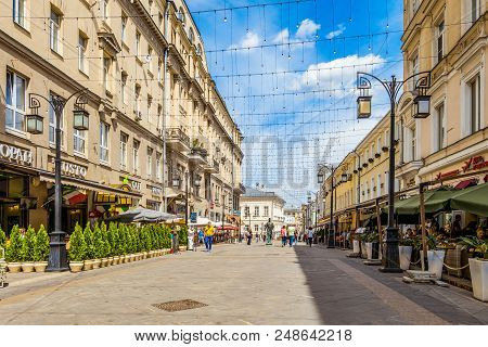Moscow, Russia - June 4, 2018: Kamergersky Lane In The Center Of Moscow. Old Pedestrian City Center.