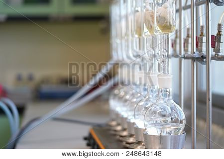 Soxhlet Extractor.percolator-boiler And Reflux,distillation Flask On Heating Element.organic Chemist
