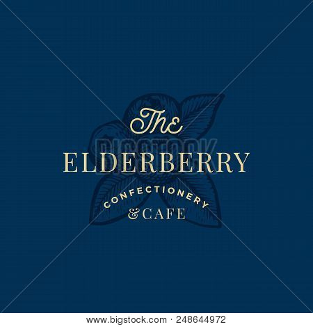 The Elderberry Confactionary And Cafe Abstract Vector Sign, Symbol Or Logo Template. Three Berries W