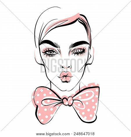 Girl Sends Air Kiss. Woman Fashion. Girls Face. Stylish Model. Winking Lady. Trendy Art In Vogue Sty