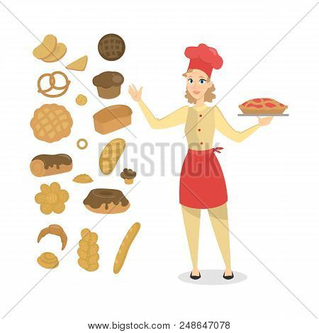 Beautiful Happy Female Baker Standing With A Fruit Pie. Set Of Fresh Bakery Products. Bread, Cookies