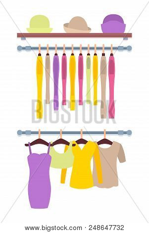 Womens Clothing Store Shop Window With Clothes Hanging On Hangers And Hats On Racks Vector Illustrat
