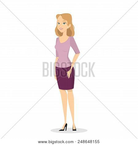 Beautiful Young Female Blonde Woman Character Standing Dressed In Casual Clothes. Isolated Vector Il