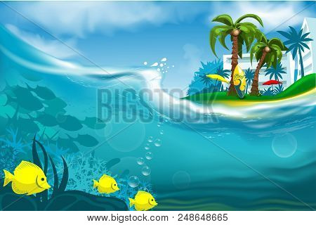 Summer Beautiful Island In The Sea With Hotels. Hires Vector File Eps 10. Layered And Editable