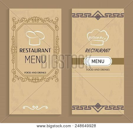 Restaurant Menu With Drinks And Food Templates. Menu Of Vintage Design With Chef Hat Logo. Prestigio