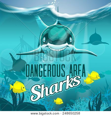 Sea Depth With Dangerous Sharks. Hires Vector File Eps 10. Layered And Editable