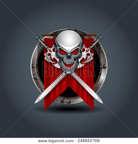 Medieval Warrior Skull With Swords, Rusty Iron Rounded Badge Icon. For Ui Game.