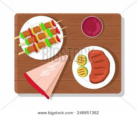 Food Picnic Collection Dishes, Wooden Board And Plates With Meat, Brochettes And Sauce, Serviette An