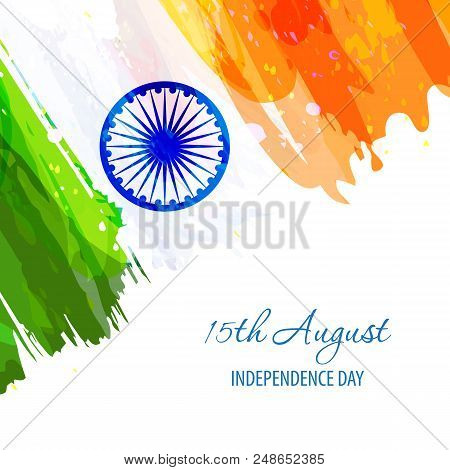 Indian Independence Day 15th August. Creative Watercolor Background In National Flag Tricolor. Hand 