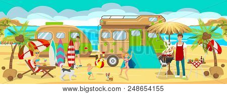Summer Camp On Beach. Active Rest On Beach. Travel By Car Along Coast. Family Vacation On Beach. Pic
