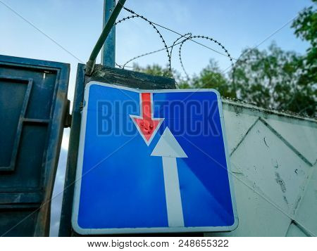 Priority Road Sign At The Gates Of A Military Facility.