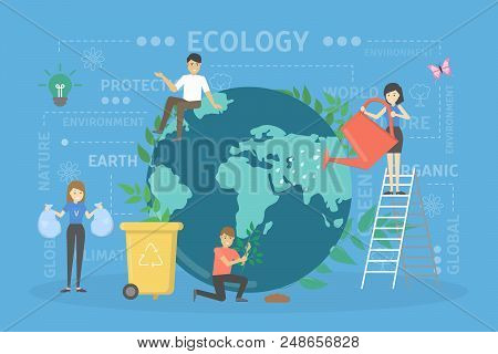 Ecology Concept. Little People Take Care Of The Planet Separating Their Garbage, Planting And Wateri