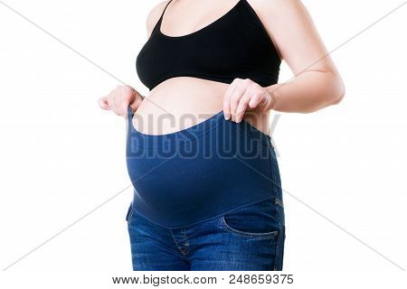 Clothes For Pregnant Women, Blue Jeans With High Waist Isolated On White Background, Pregnancy Conce