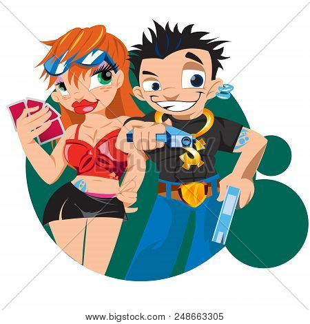 Gang Lady And Gangster, Cartoon Charachters. Vector Illustration