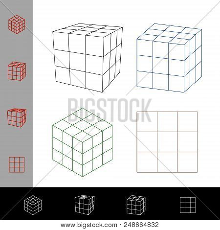 Cube Wireframe Set. Vector Outline Illustration. Different Viewes.