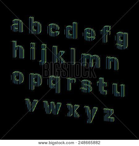 Alphabet Letters Of Lines. Isolated On Black Background. Vector Outline Illustration. Dimetric View.