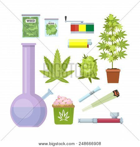 Smoking Weed Equipment. Bong, Marijuana, Pipe And Others. Beautiful Flat Icon Set. Isolated Vector I