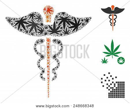 Caduceus Composition Of Marijuana Leaves In Different Sizes And Color Tones. Vector Flat Weed Leaves