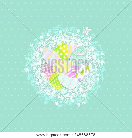 Easter Eggs In A Wicker Nest, Greeting Card On A Blue Background. Wallpaper, Flyers, Web Design, Bro