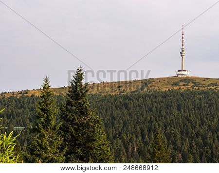 Praded Hill In Jeseniky Mountains With Communication Tower, Summer Day With Clouds