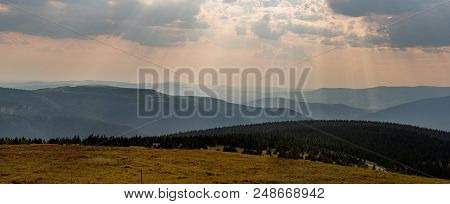 Upper Reservoir Of Pumped-storage Hydroelectricity Dlouhy Strane. View From Hill Praded In Czech Rep