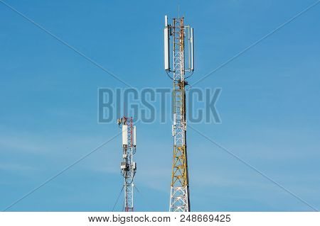 Large Tower With Antennas For Communication Of Mobile Phones. 4g And 4.5g Cell Site, Telecom Radio T
