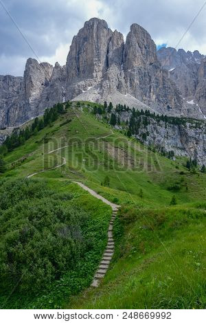 Beautiful Summer Mountain View Of Sella Group On Dolomites