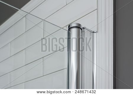 Close-up Of Glass Curtain, Shower Panel In The Bathroom Interior. Interior Details Close-up