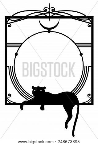 Vector Frame With Stylized Panther And Moon In Black And White Colors